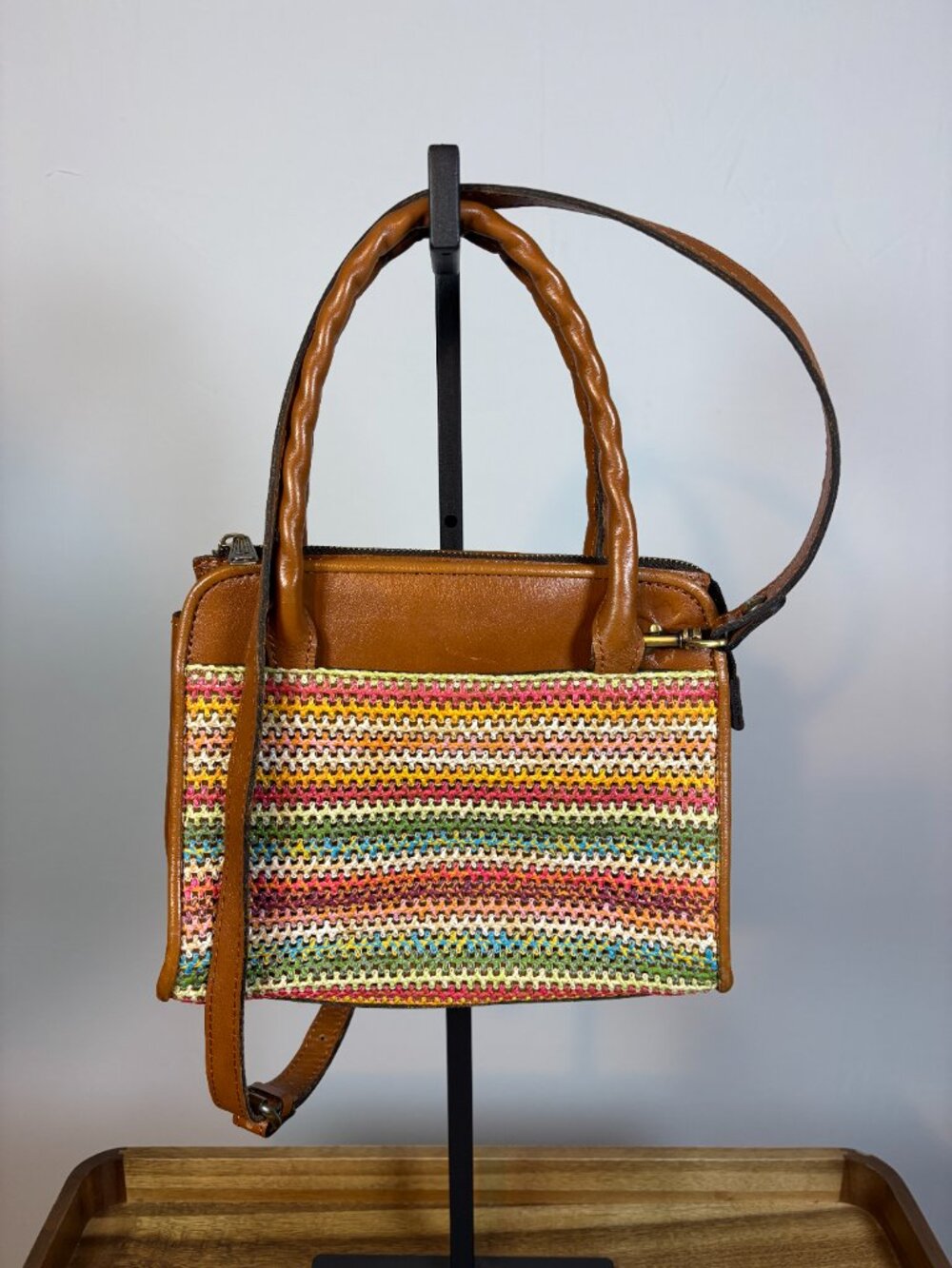Patricia Nash Spanish Multicolor Striped Brown Leather Paris Satchel